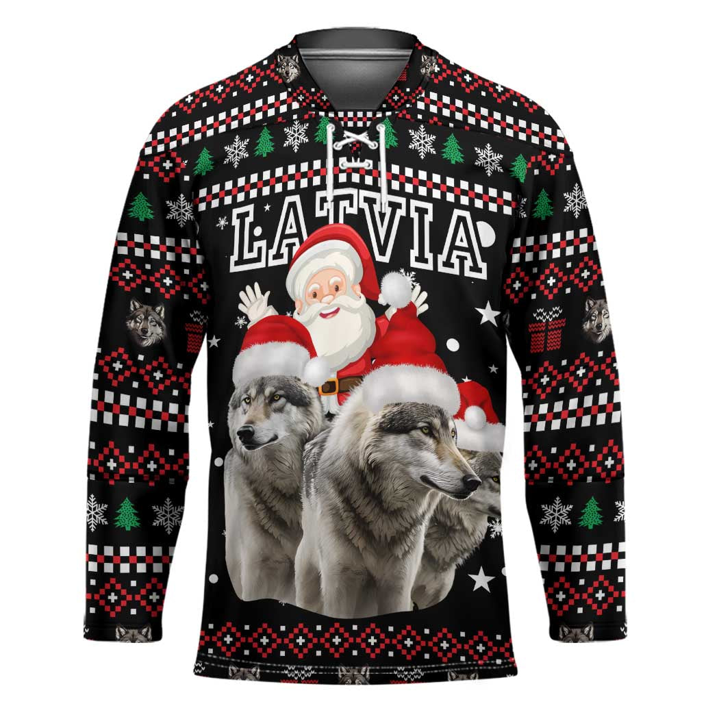 Latvia Christmas Hockey Jersey with Santa Claus and Wolves in Holiday Pattern Design - Wonder Print Shop