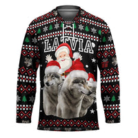 Latvia Christmas Hockey Jersey with Santa Claus and Wolves in Holiday Pattern Design - Wonder Print Shop