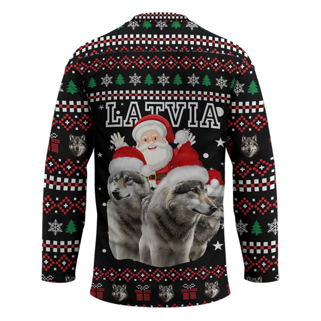 Latvia Christmas Hockey Jersey with Santa Claus and Wolves in Holiday Pattern Design - Wonder Print Shop