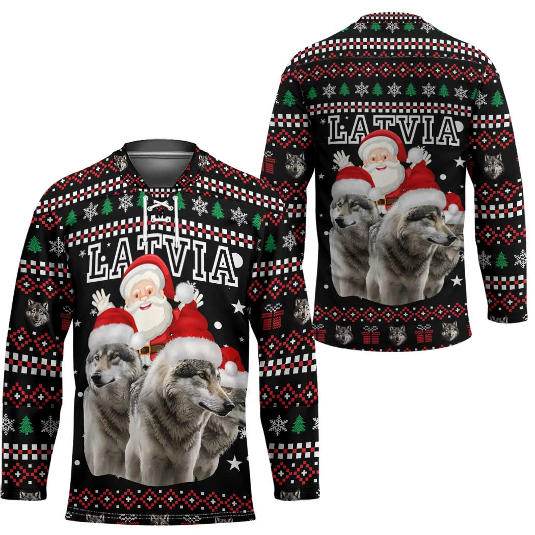 Latvia Christmas Hockey Jersey with Santa Claus and Wolves in Holiday Pattern Design - Wonder Print Shop