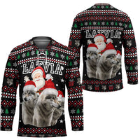 Latvia Christmas Hockey Jersey with Santa Claus and Wolves in Holiday Pattern Design - Wonder Print Shop
