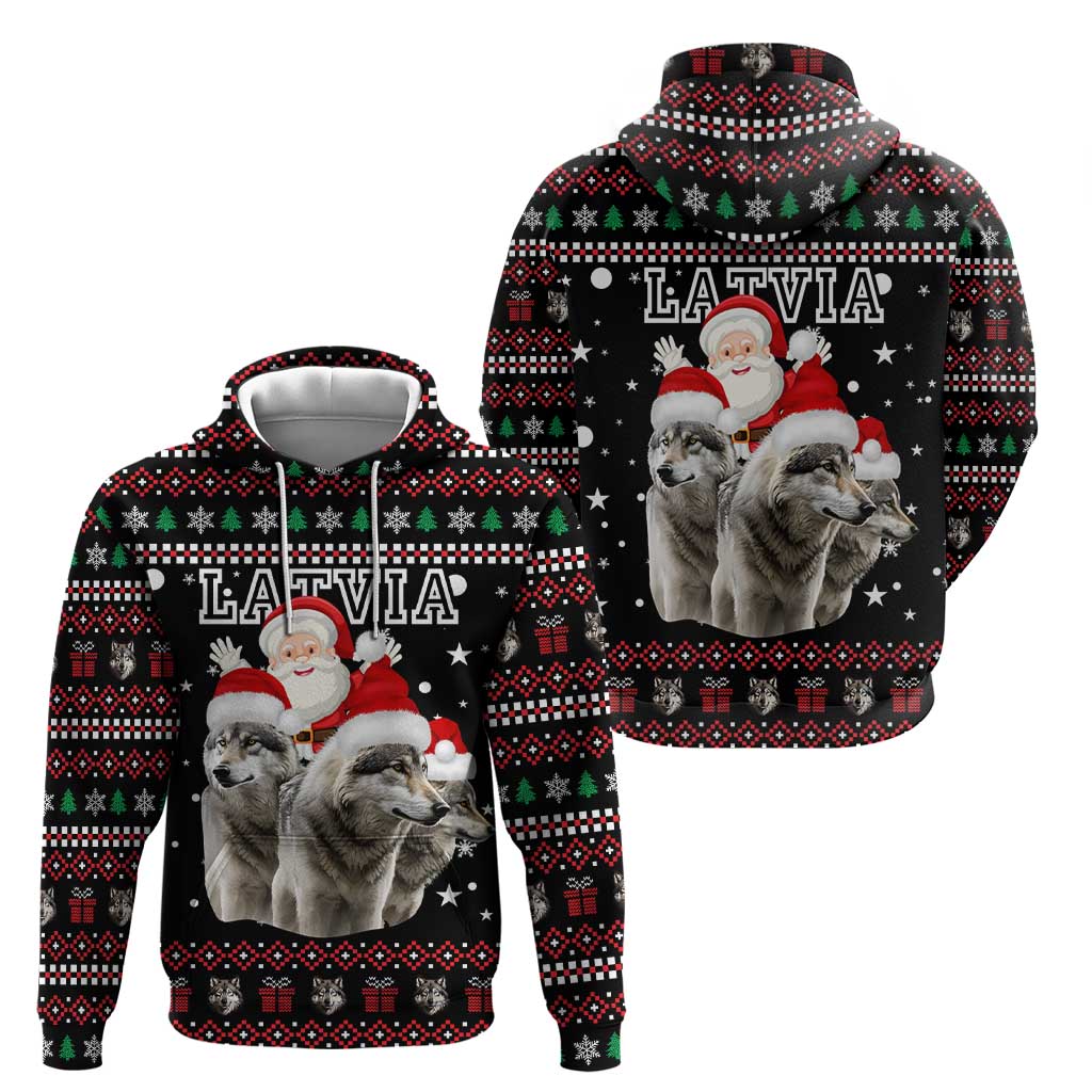 Latvia Christmas Hoodie with Santa Claus and Wolves in Holiday Pattern Design - Wonder Print Shop