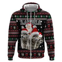 Latvia Christmas Hoodie with Santa Claus and Wolves in Holiday Pattern Design - Wonder Print Shop
