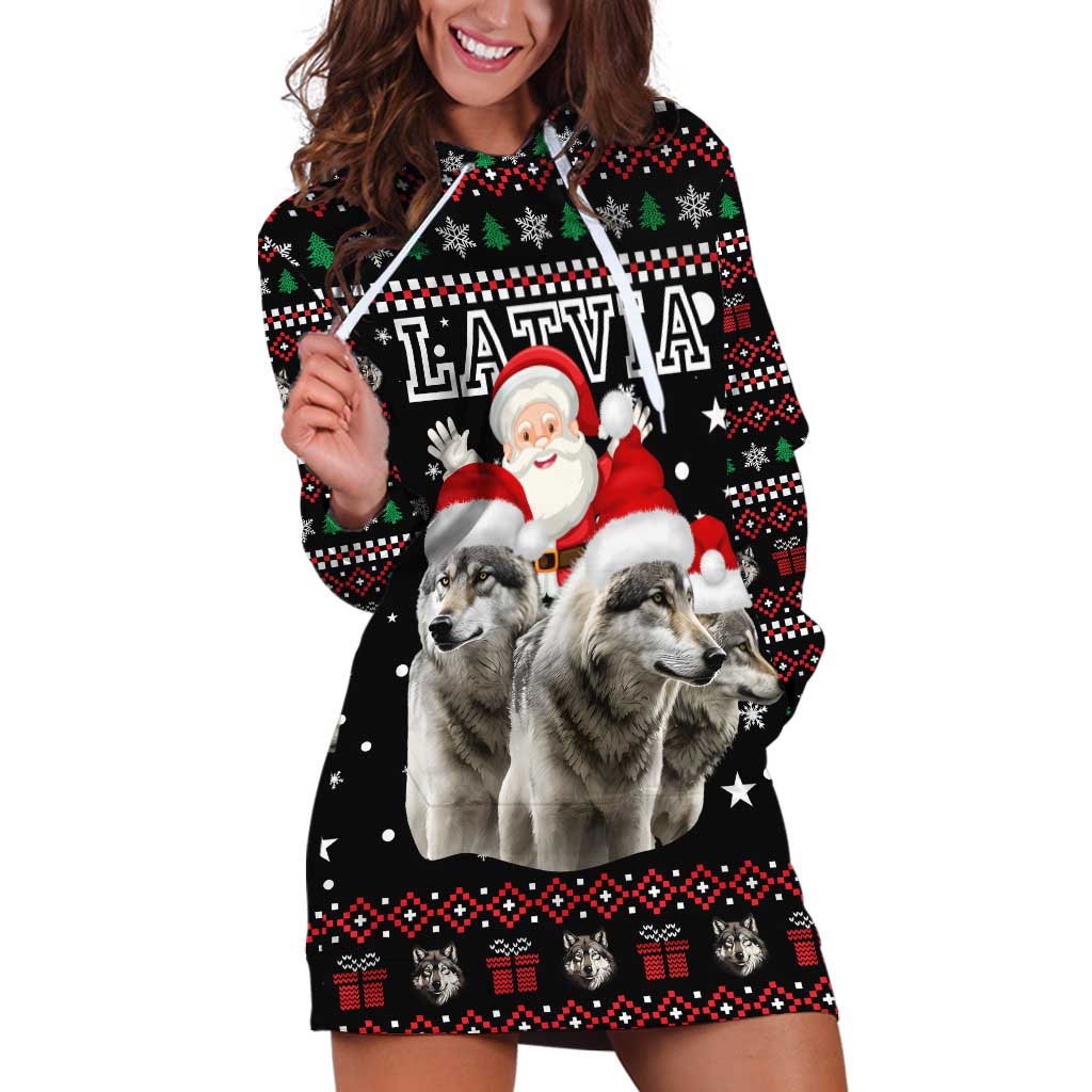 Latvia Christmas Hoodie Dress with Santa Claus and Wolves in Holiday Pattern Design - Wonder Print Shop