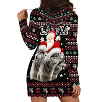 Latvia Christmas Hoodie Dress with Santa Claus and Wolves in Holiday Pattern Design - Wonder Print Shop