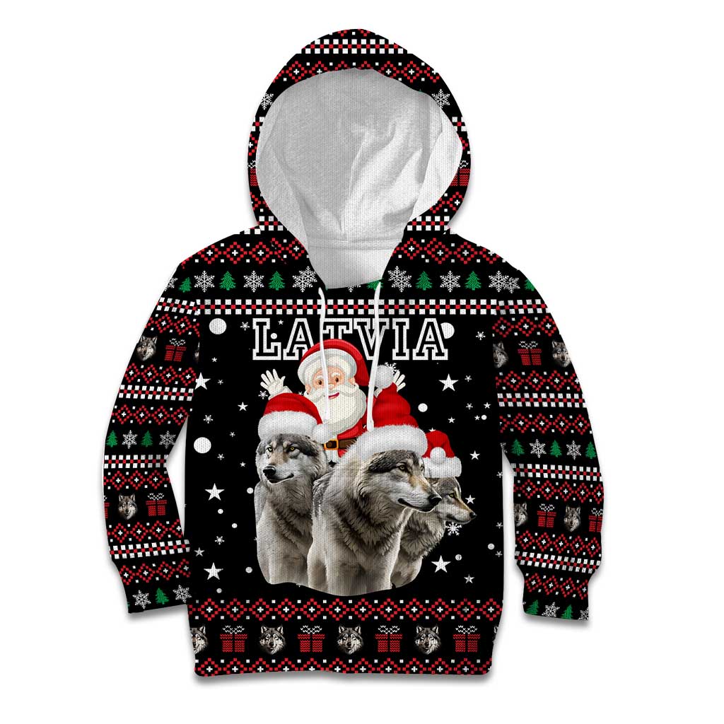 Latvia Christmas Kid Hoodie with Santa Claus and Wolves in Holiday Pattern Design - Wonder Print Shop