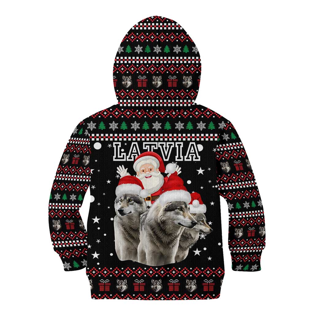 Latvia Christmas Kid Hoodie with Santa Claus and Wolves in Holiday Pattern Design - Wonder Print Shop