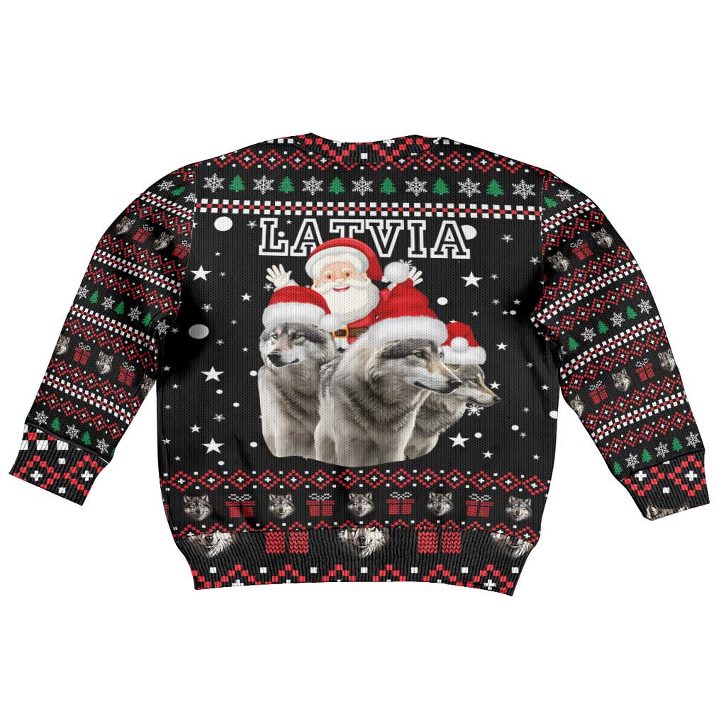 Latvia Christmas Kid Ugly Christmas Sweater with Santa Claus and Wolves in Holiday Pattern Design - Wonder Print Shop