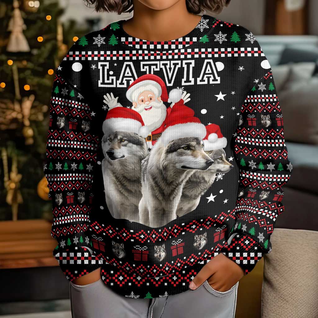 Latvia Christmas Kid Ugly Christmas Sweater with Santa Claus and Wolves in Holiday Pattern Design - Wonder Print Shop