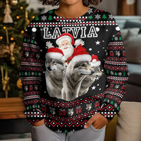 Latvia Christmas Kid Ugly Christmas Sweater with Santa Claus and Wolves in Holiday Pattern Design - Wonder Print Shop