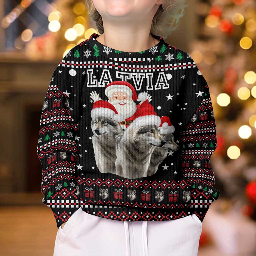 Latvia Christmas Kid Ugly Christmas Sweater with Santa Claus and Wolves in Holiday Pattern Design - Wonder Print Shop