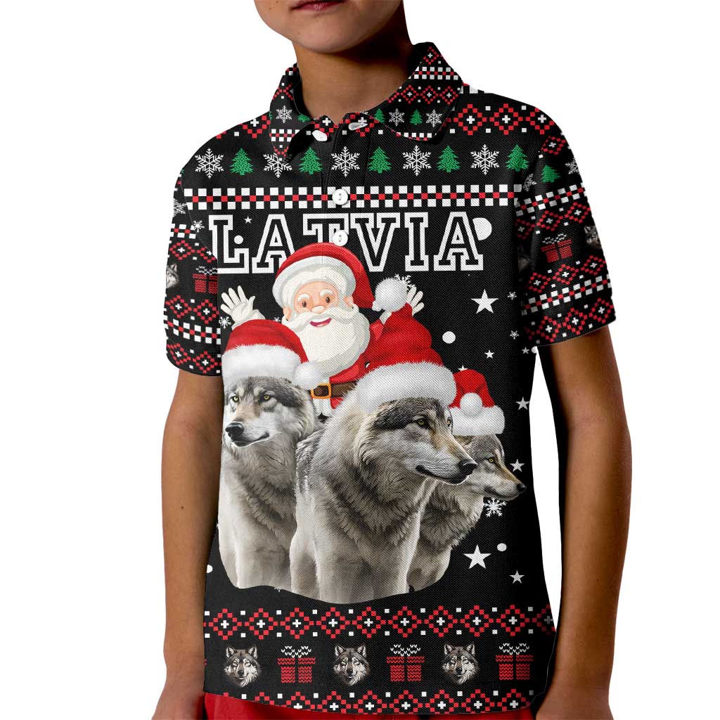Latvia Christmas Kid Polo Shirt with Santa Claus and Wolves in Holiday Pattern Design - Wonder Print Shop