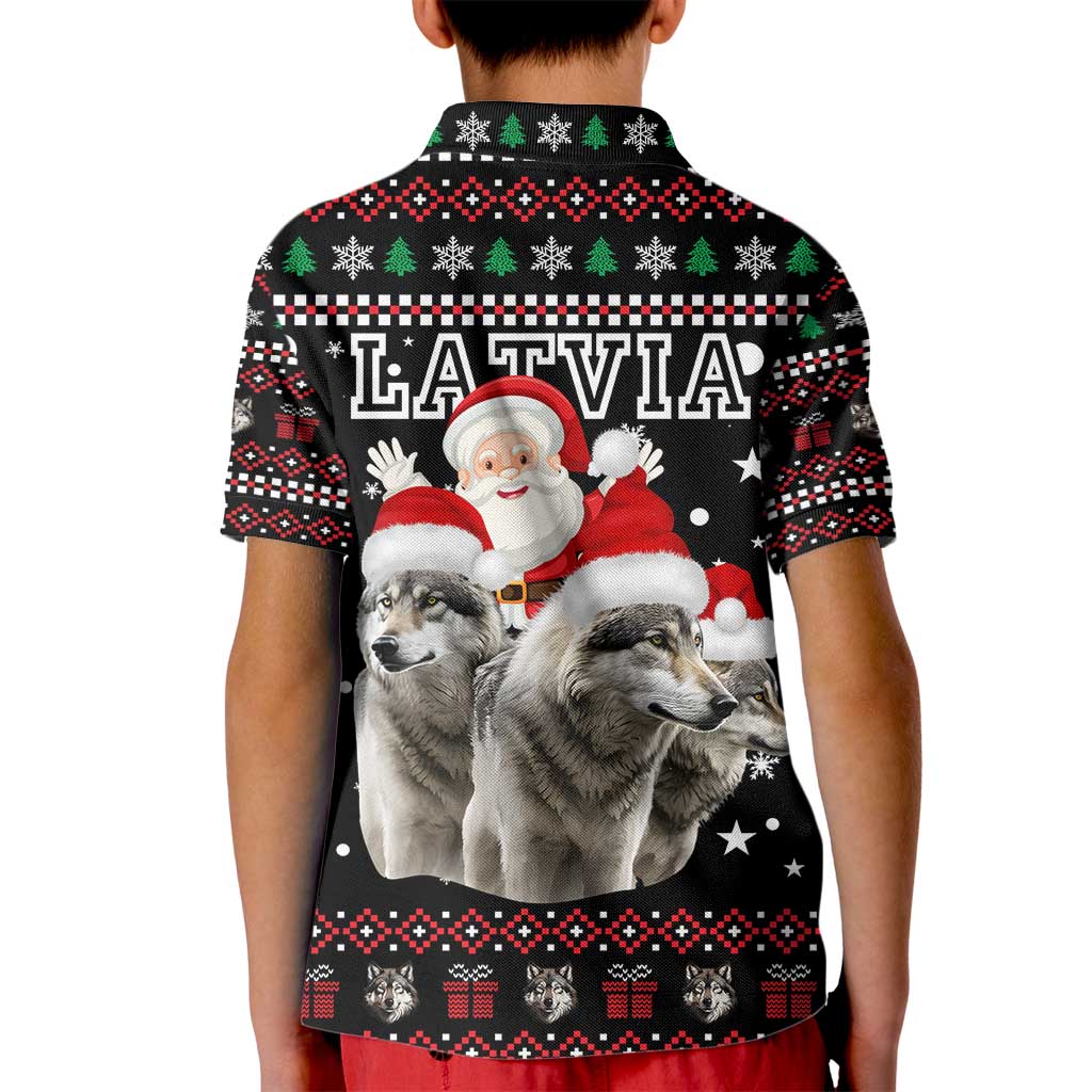 Latvia Christmas Kid Polo Shirt with Santa Claus and Wolves in Holiday Pattern Design - Wonder Print Shop
