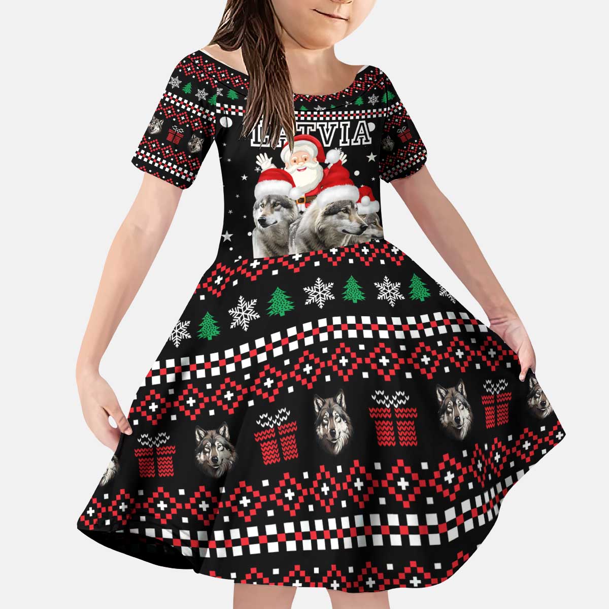 Latvia Christmas Kid Short Sleeve Dress with Santa Claus and Wolves in Holiday Pattern Design - Wonder Print Shop