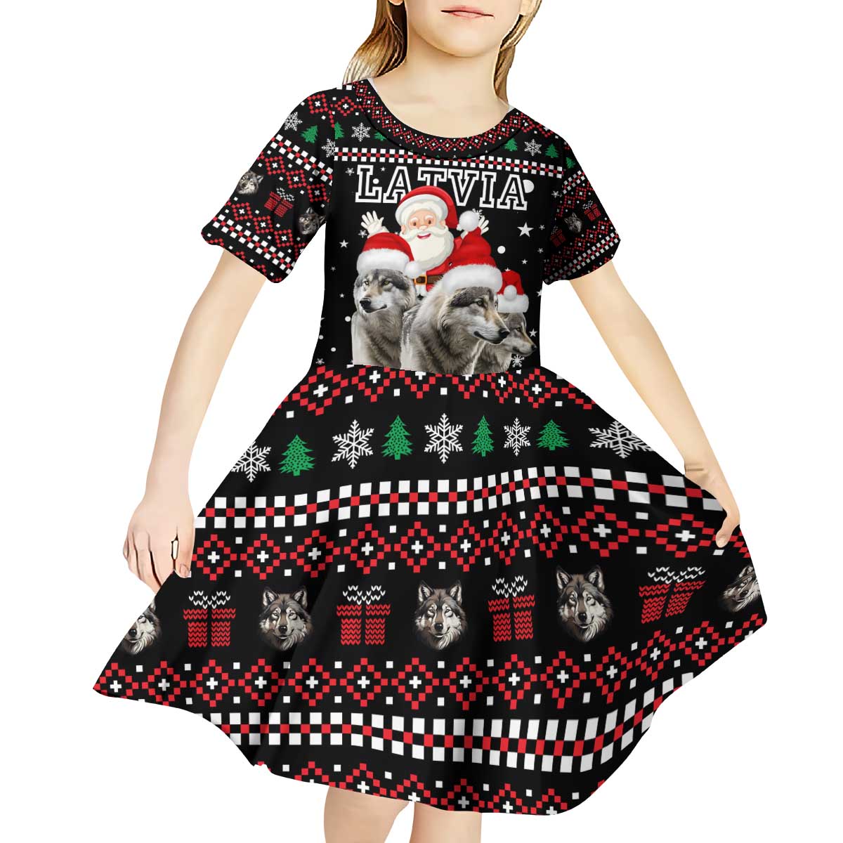 Latvia Christmas Kid Short Sleeve Dress with Santa Claus and Wolves in Holiday Pattern Design - Wonder Print Shop