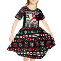 Latvia Christmas Kid Short Sleeve Dress with Santa Claus and Wolves in Holiday Pattern Design - Wonder Print Shop