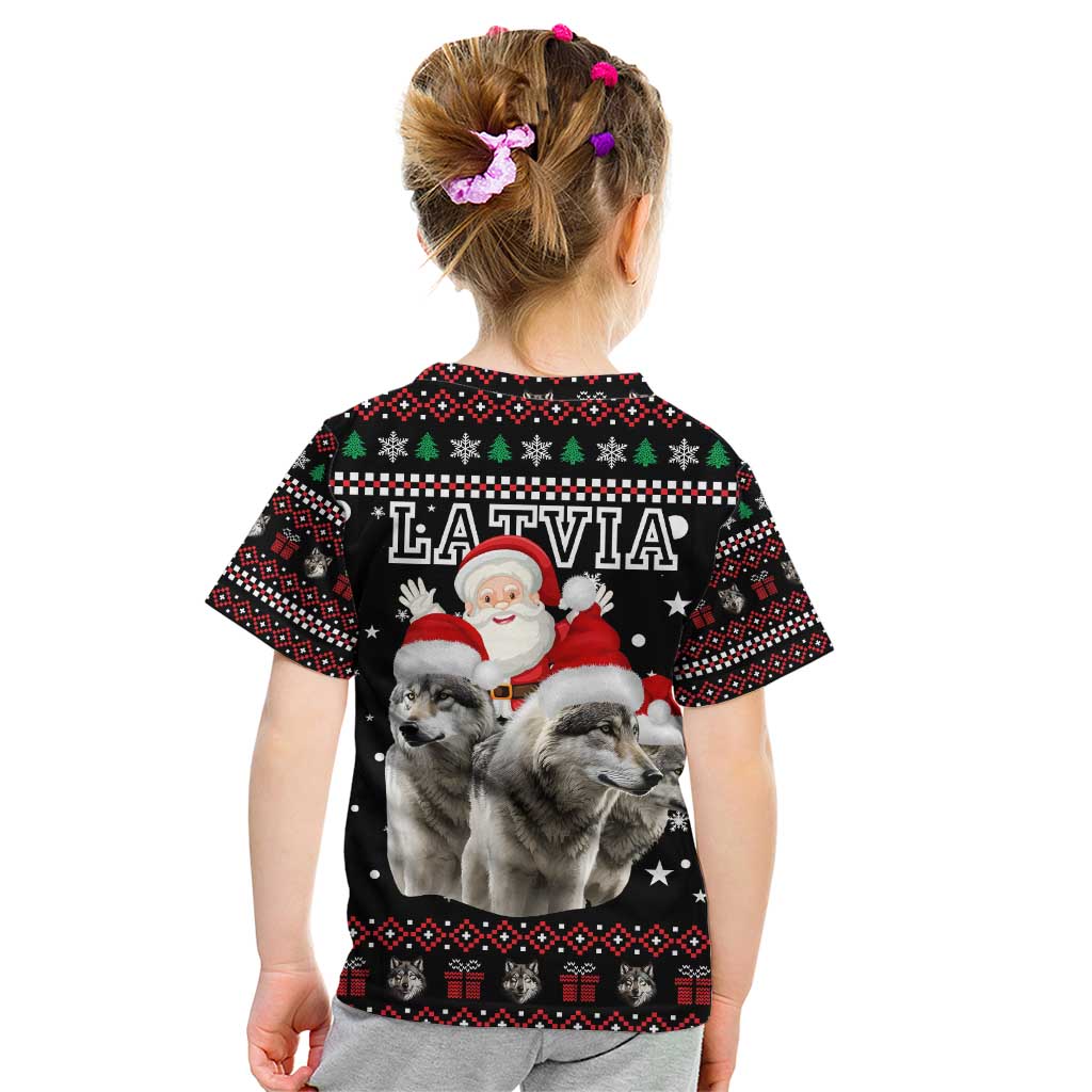 Latvia Christmas Kid T Shirt with Santa Claus and Wolves in Holiday Pattern Design - Wonder Print Shop