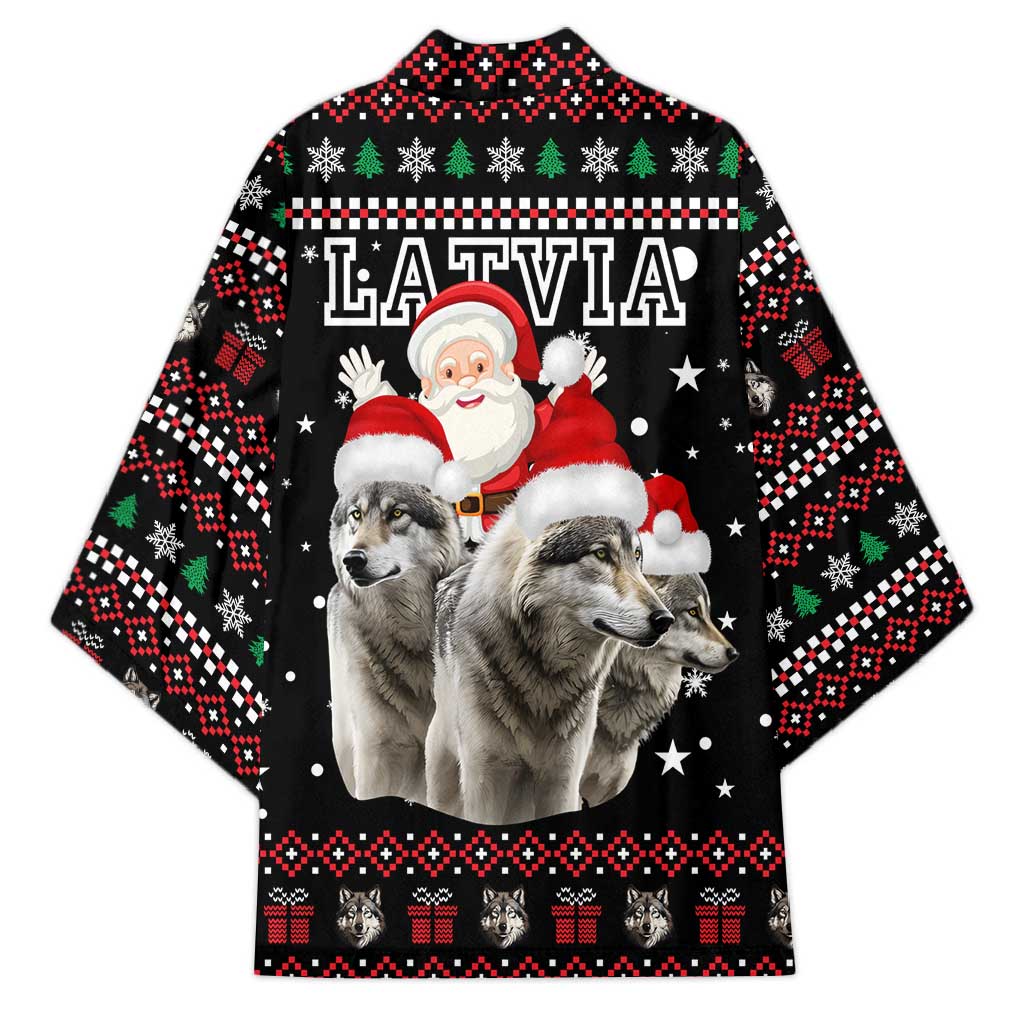 Latvia Christmas Kimono with Santa Claus and Wolves in Holiday Pattern Design - Wonder Print Shop