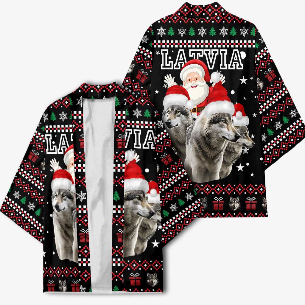 Latvia Christmas Kimono with Santa Claus and Wolves in Holiday Pattern Design - Wonder Print Shop