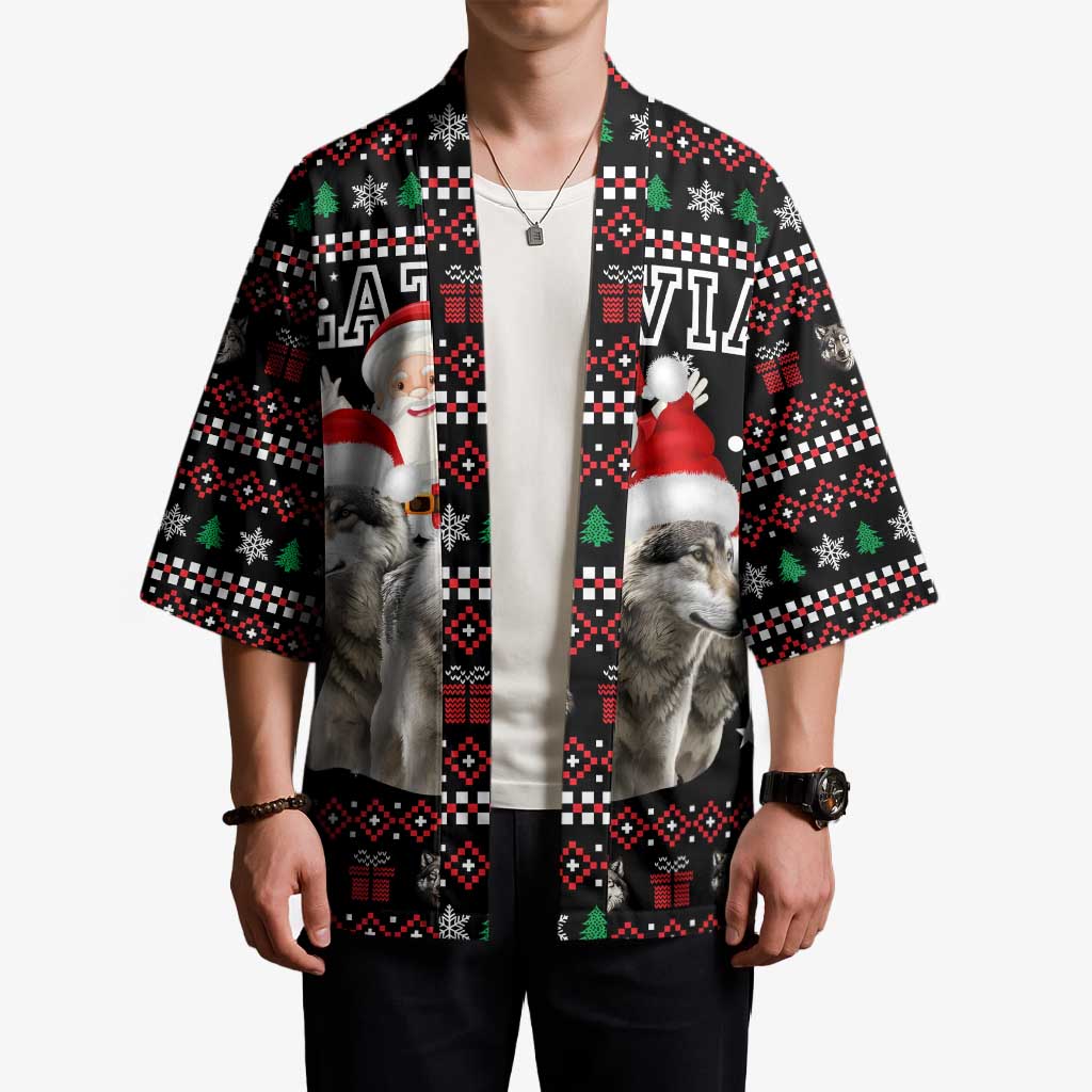 Latvia Christmas Kimono with Santa Claus and Wolves in Holiday Pattern Design - Wonder Print Shop