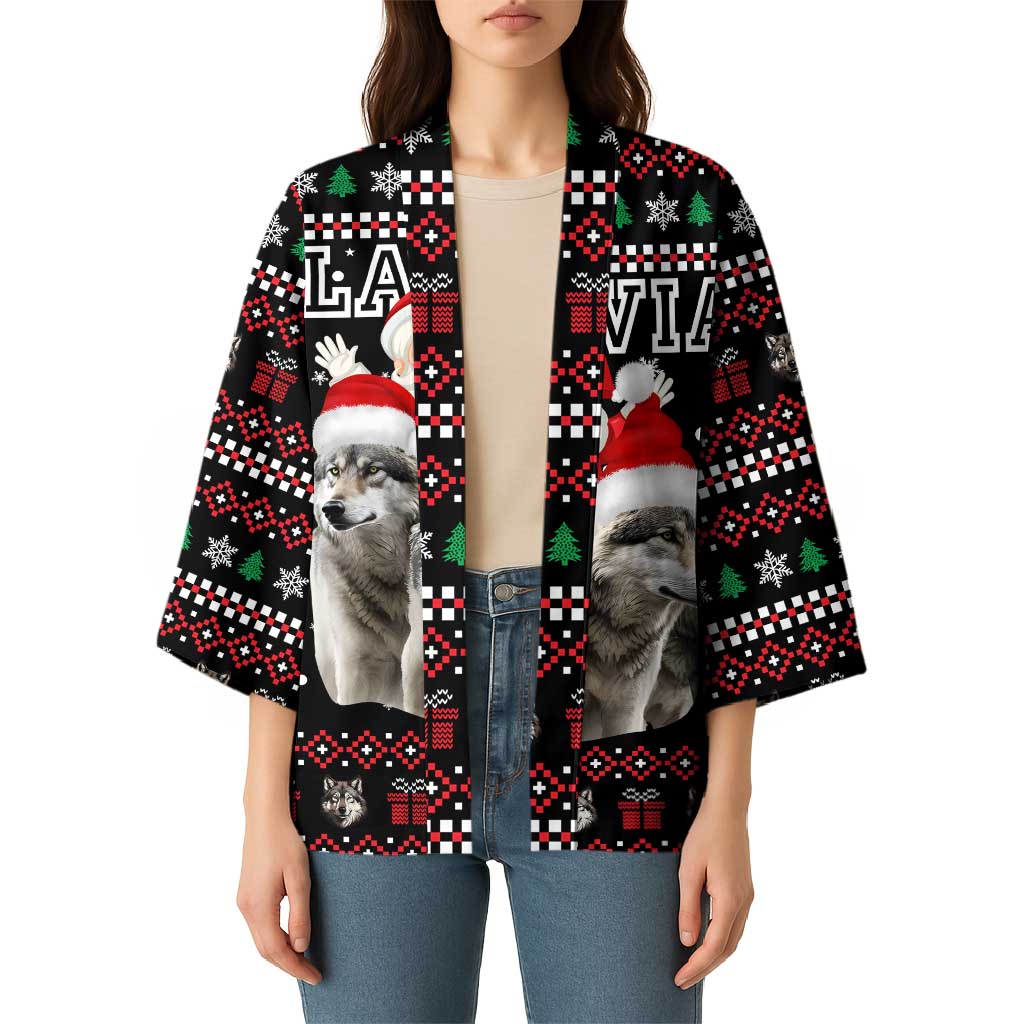 Latvia Christmas Kimono with Santa Claus and Wolves in Holiday Pattern Design - Wonder Print Shop