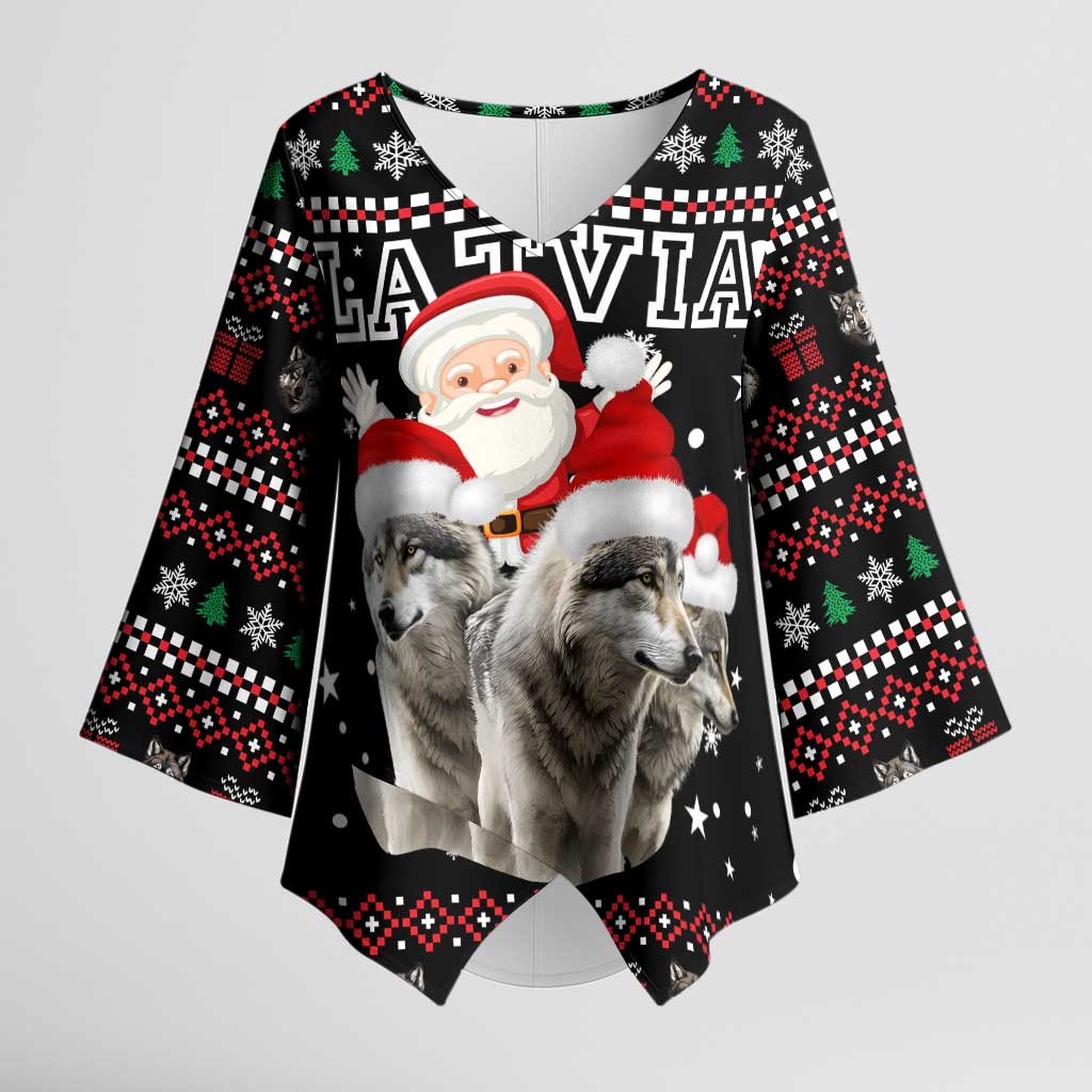 Latvia Christmas Kimono Sleeve Blouse with Santa Claus and Wolves in Holiday Pattern Design - undefined