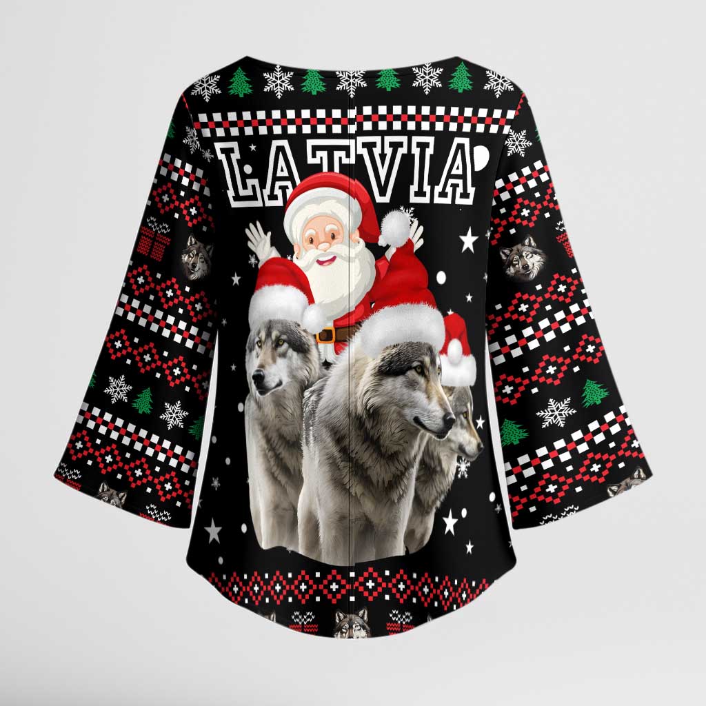 Latvia Christmas Kimono Sleeve Blouse with Santa Claus and Wolves in Holiday Pattern Design - undefined