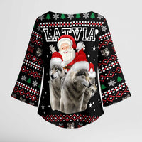 Latvia Christmas Kimono Sleeve Blouse with Santa Claus and Wolves in Holiday Pattern Design - undefined