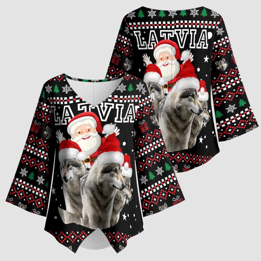 Latvia Christmas Kimono Sleeve Blouse with Santa Claus and Wolves in Holiday Pattern Design - undefined