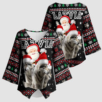 Latvia Christmas Kimono Sleeve Blouse with Santa Claus and Wolves in Holiday Pattern Design - undefined