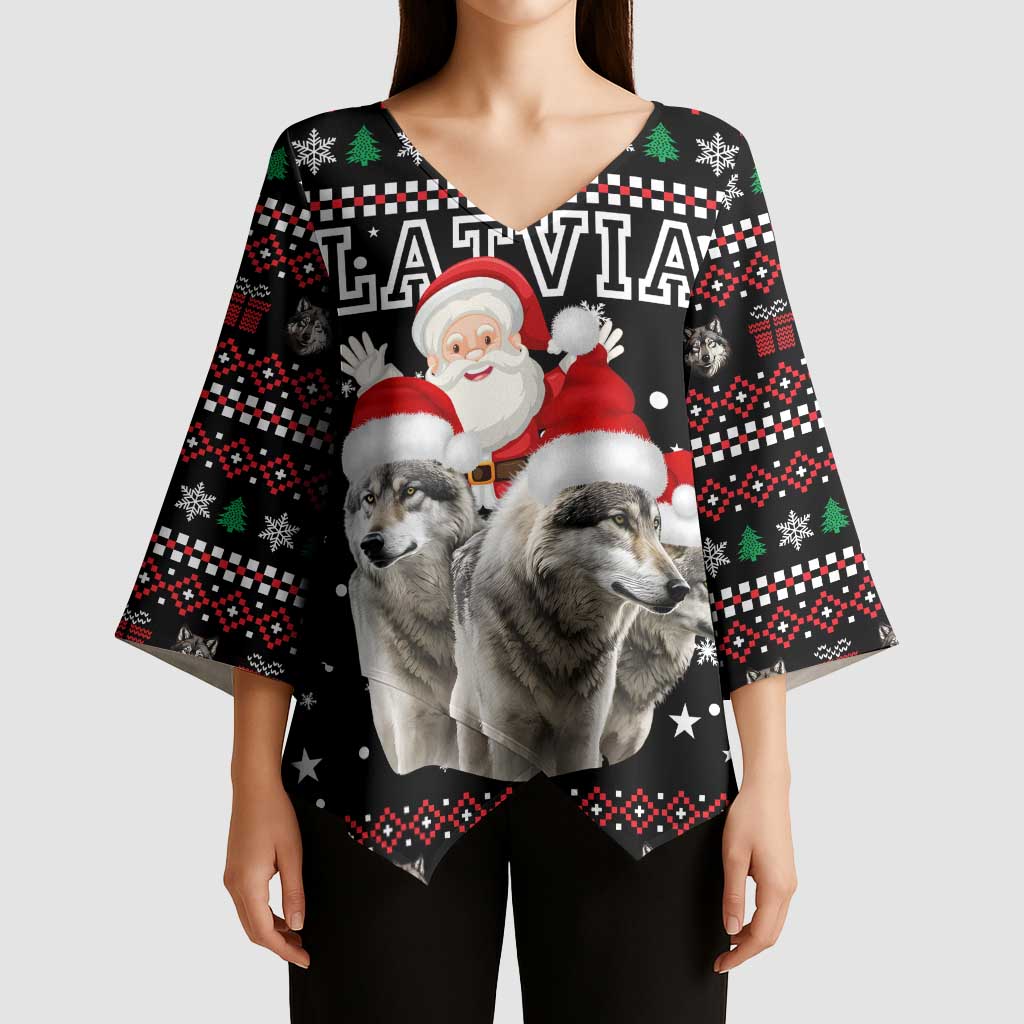 Latvia Christmas Kimono Sleeve Blouse with Santa Claus and Wolves in Holiday Pattern Design - undefined