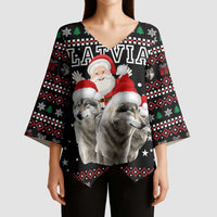 Latvia Christmas Kimono Sleeve Blouse with Santa Claus and Wolves in Holiday Pattern Design - undefined