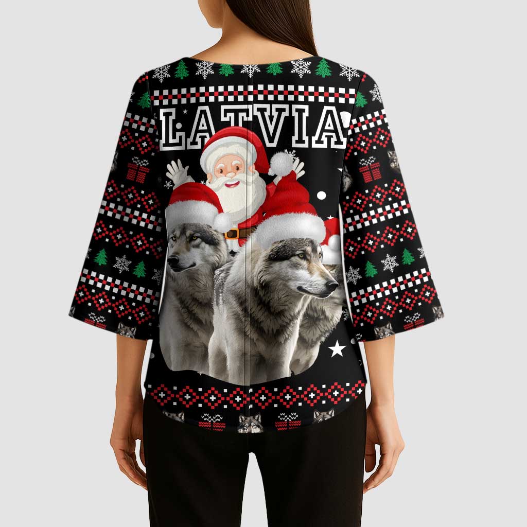 Latvia Christmas Kimono Sleeve Blouse with Santa Claus and Wolves in Holiday Pattern Design - undefined