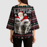 Latvia Christmas Kimono Sleeve Blouse with Santa Claus and Wolves in Holiday Pattern Design - undefined