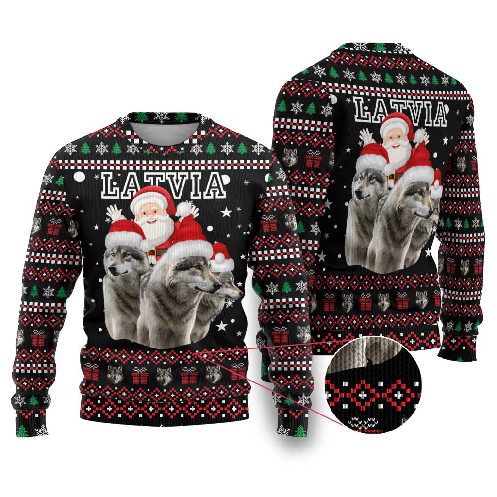 Latvia Christmas Ugly Christmas Sweater with Santa Claus and Wolves in Holiday Pattern Design - Wonder Print Shop