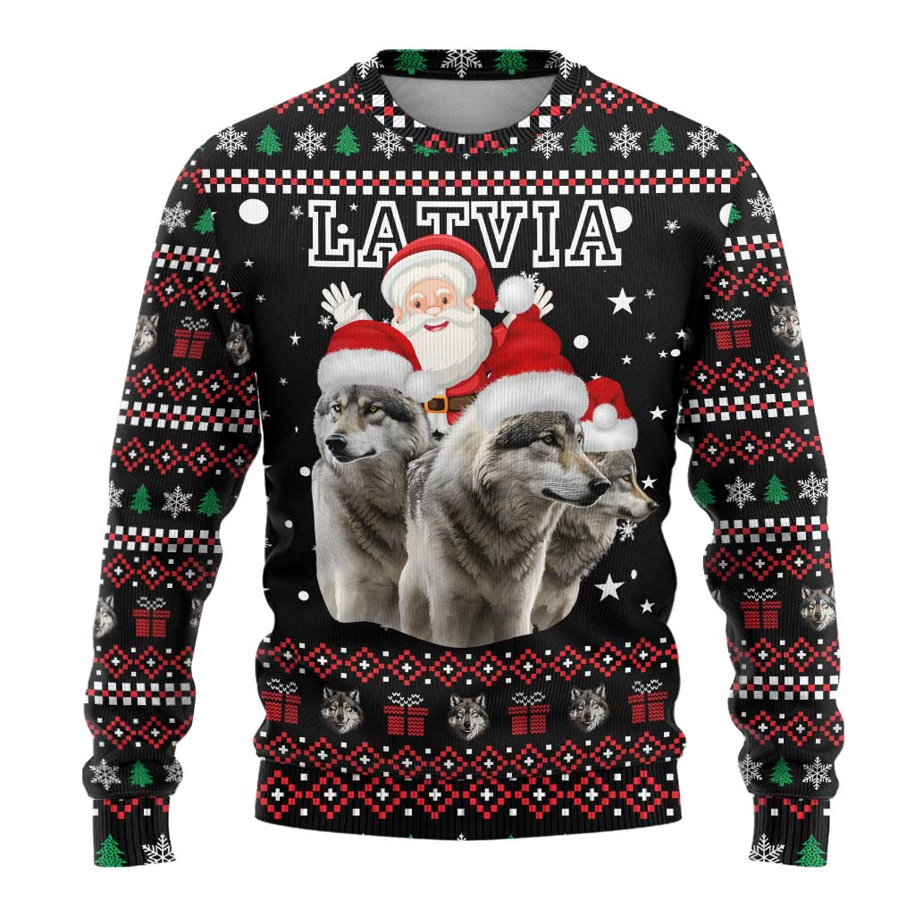 Latvia Christmas Ugly Christmas Sweater with Santa Claus and Wolves in Holiday Pattern Design - Wonder Print Shop