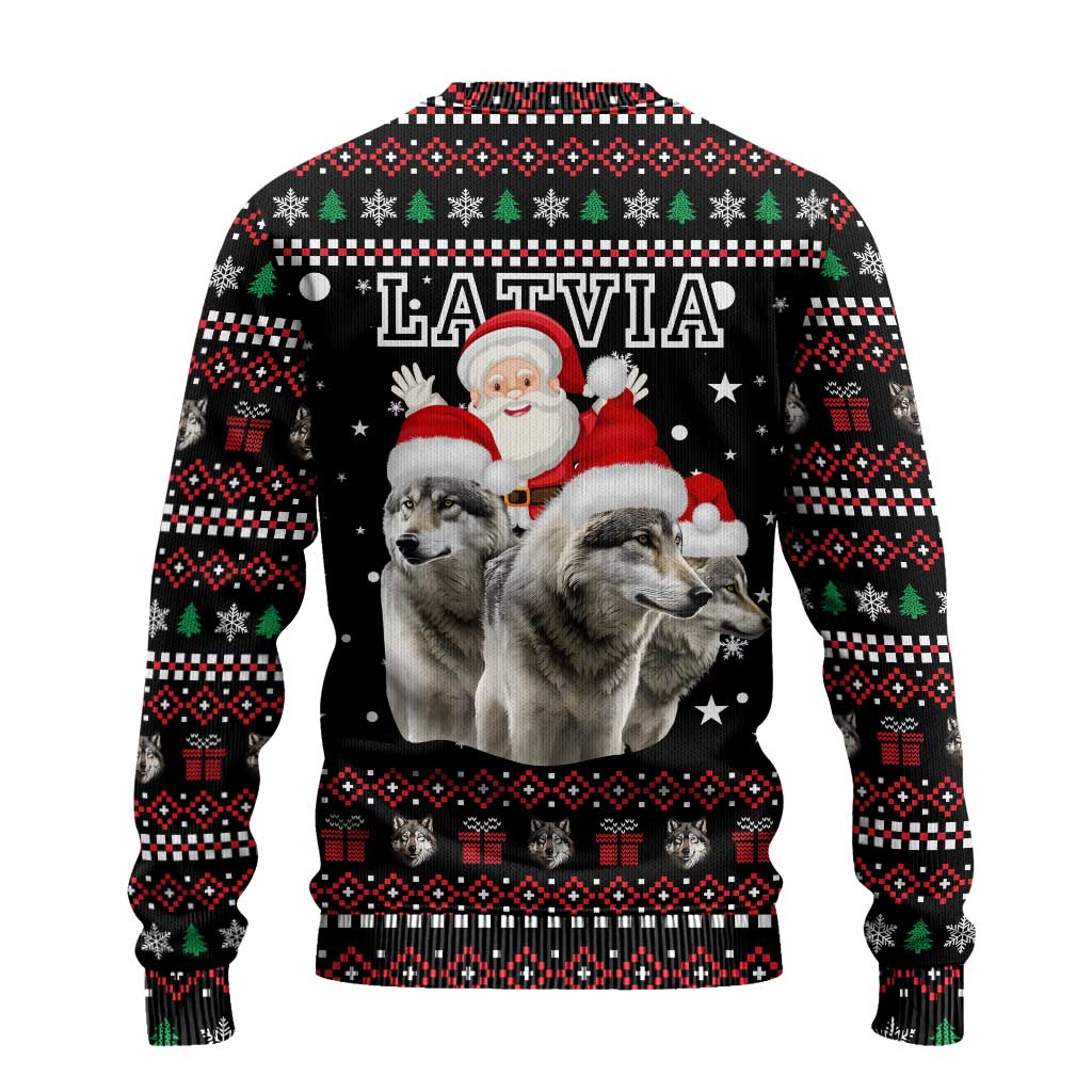 Latvia Christmas Ugly Christmas Sweater with Santa Claus and Wolves in Holiday Pattern Design - Wonder Print Shop