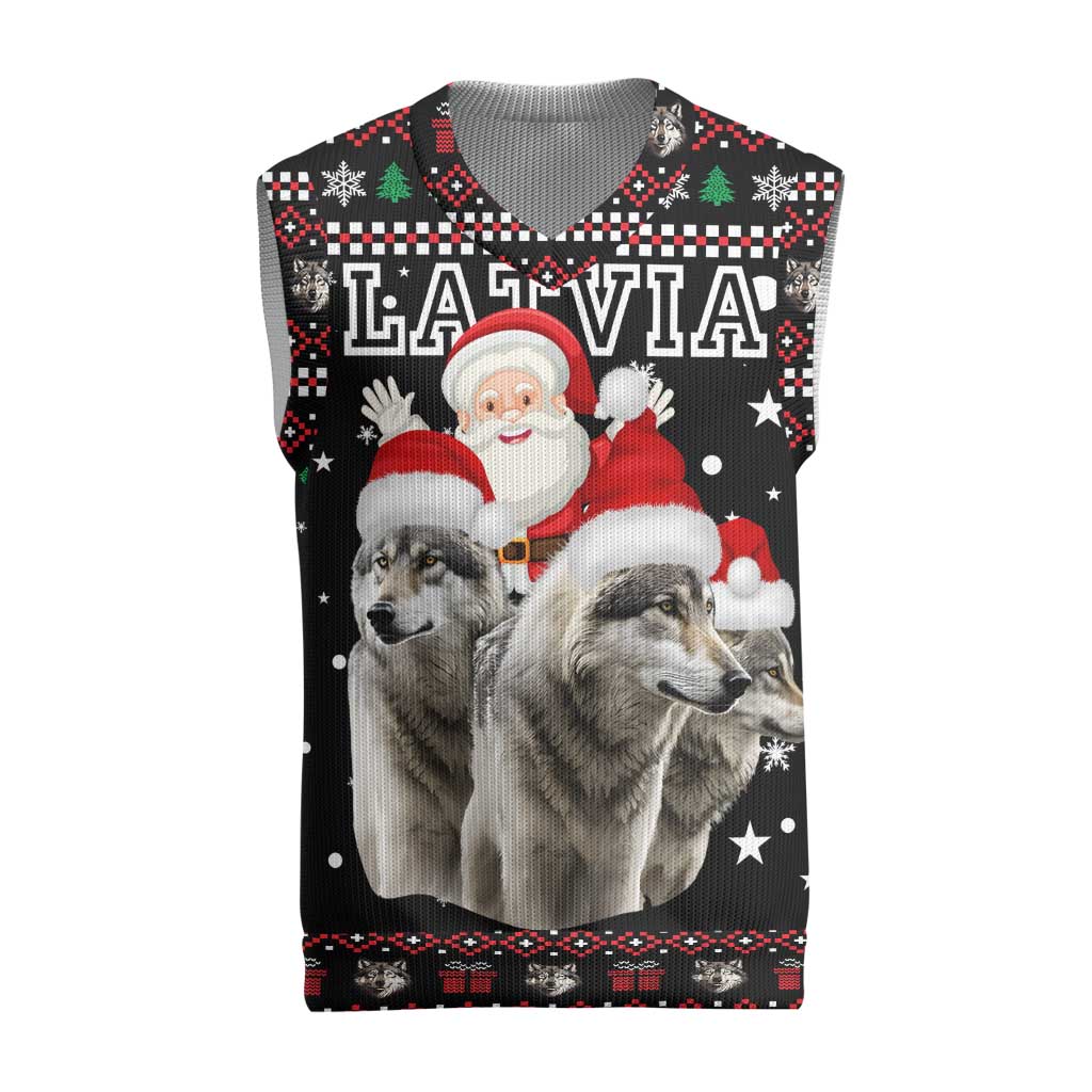 Latvia Christmas Knitted V-Neck Vest with Santa Claus and Wolves in Holiday Pattern Design - Wonder Print Shop