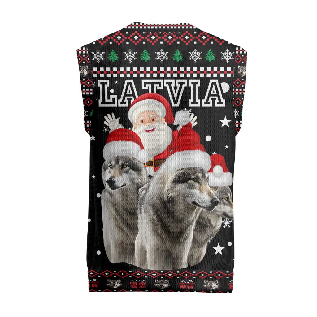 Latvia Christmas Knitted V-Neck Vest with Santa Claus and Wolves in Holiday Pattern Design - Wonder Print Shop