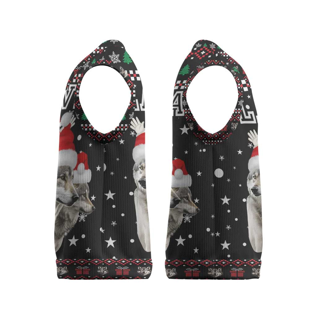 Latvia Christmas Knitted V-Neck Vest with Santa Claus and Wolves in Holiday Pattern Design - Wonder Print Shop