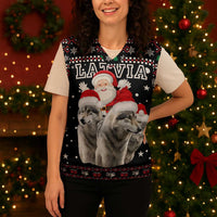 Latvia Christmas Knitted V-Neck Vest with Santa Claus and Wolves in Holiday Pattern Design - Wonder Print Shop
