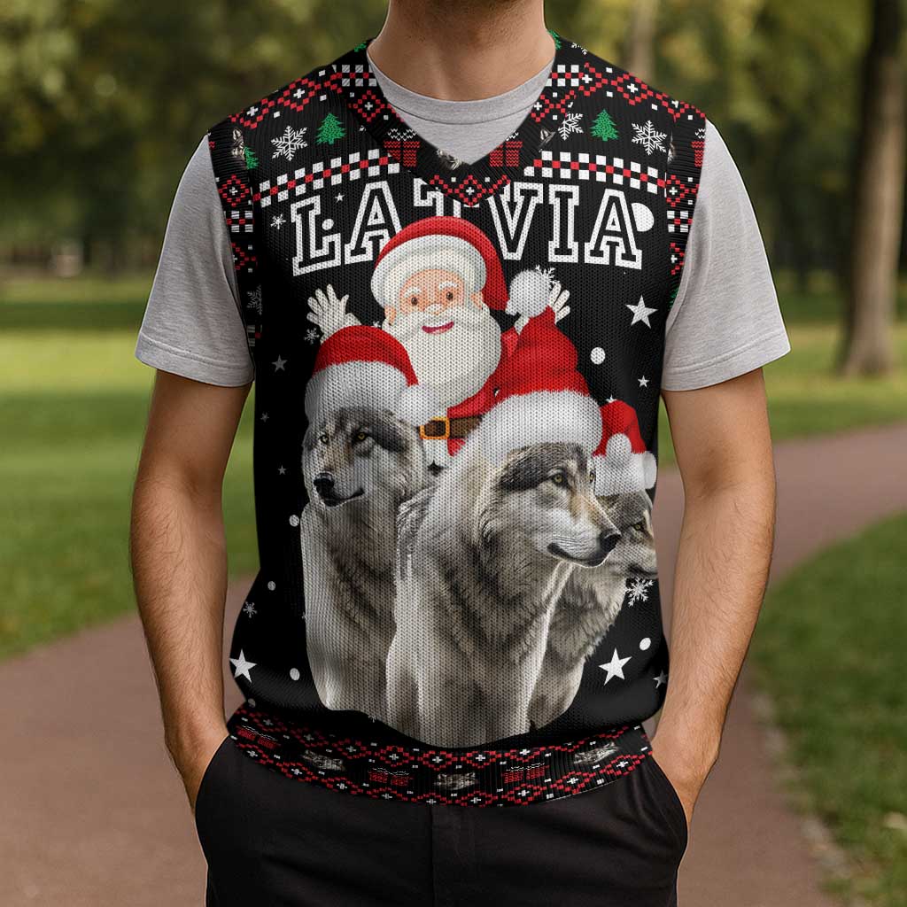 Latvia Christmas Knitted V-Neck Vest with Santa Claus and Wolves in Holiday Pattern Design - Wonder Print Shop