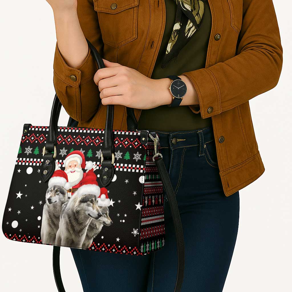 Latvia Christmas Leather Bag with Santa Claus and Wolves in Holiday Pattern Design - Wonder Print Shop