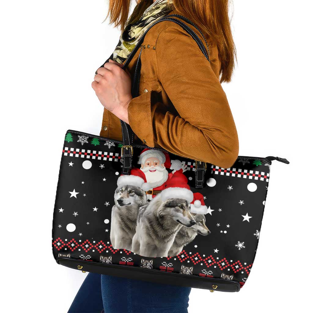 Latvia Christmas Leather Tote Bag with Santa Claus and Wolves in Holiday Pattern Design - Wonder Print Shop