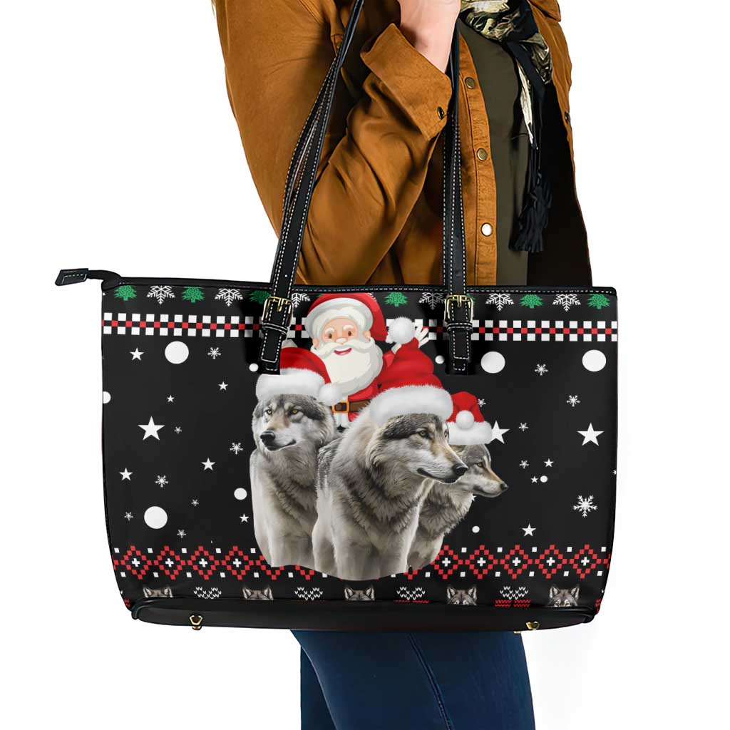 Latvia Christmas Leather Tote Bag with Santa Claus and Wolves in Holiday Pattern Design - Wonder Print Shop
