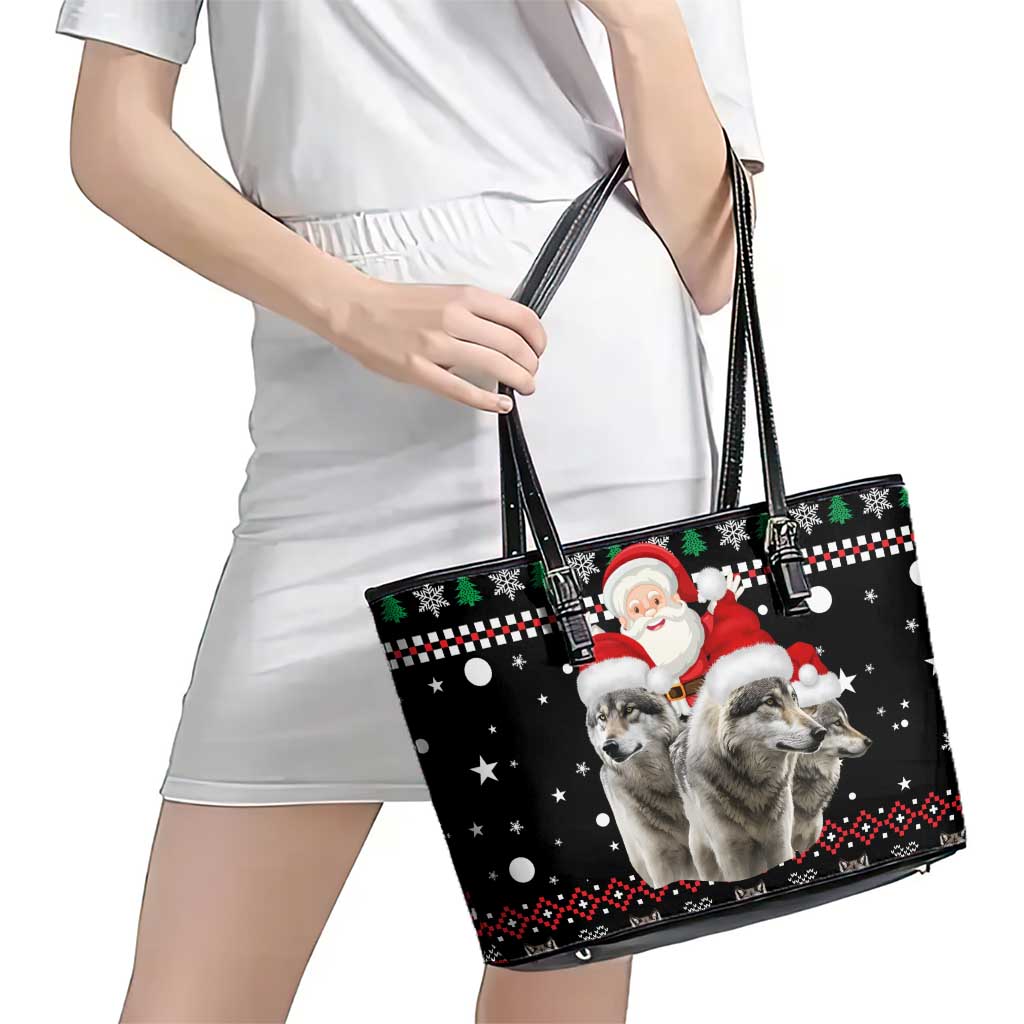 Latvia Christmas Leather Tote Bag with Santa Claus and Wolves in Holiday Pattern Design - Wonder Print Shop