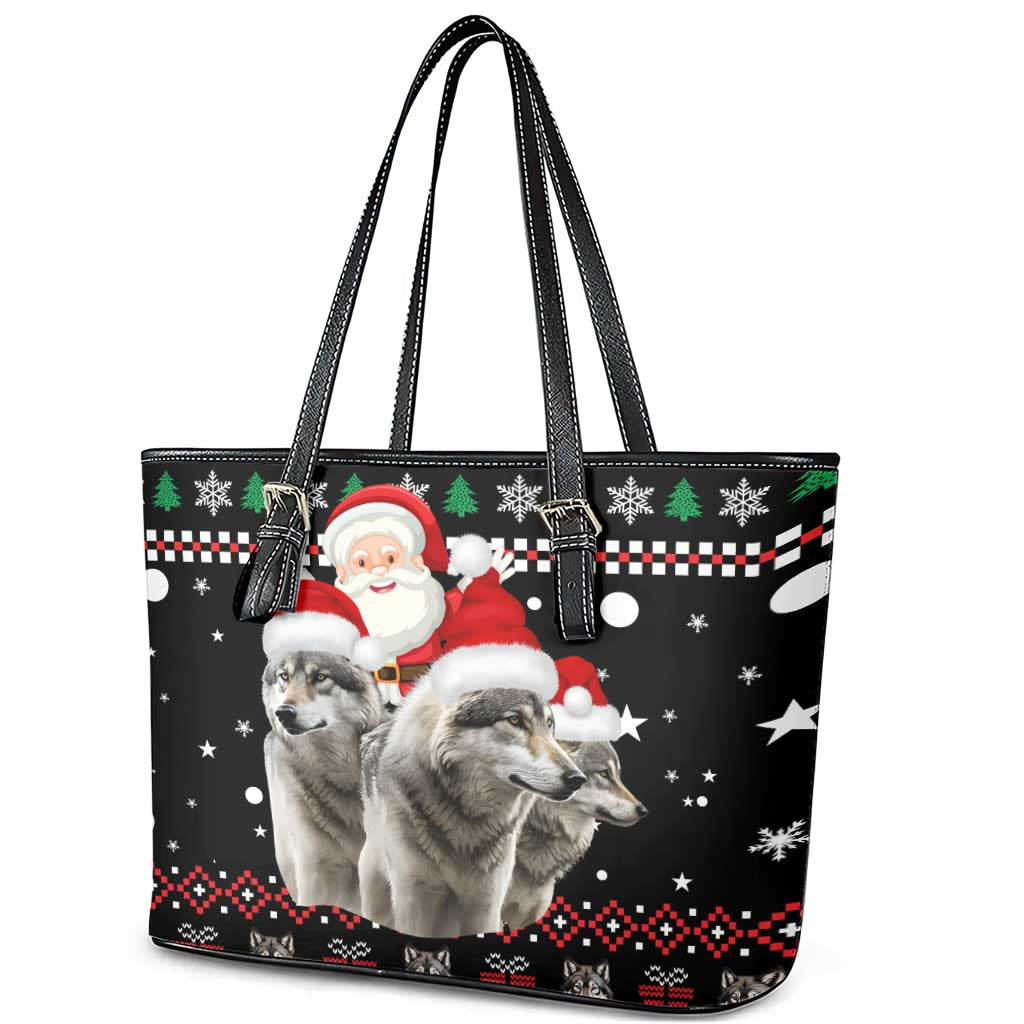Latvia Christmas Leather Tote Bag with Santa Claus and Wolves in Holiday Pattern Design - Wonder Print Shop