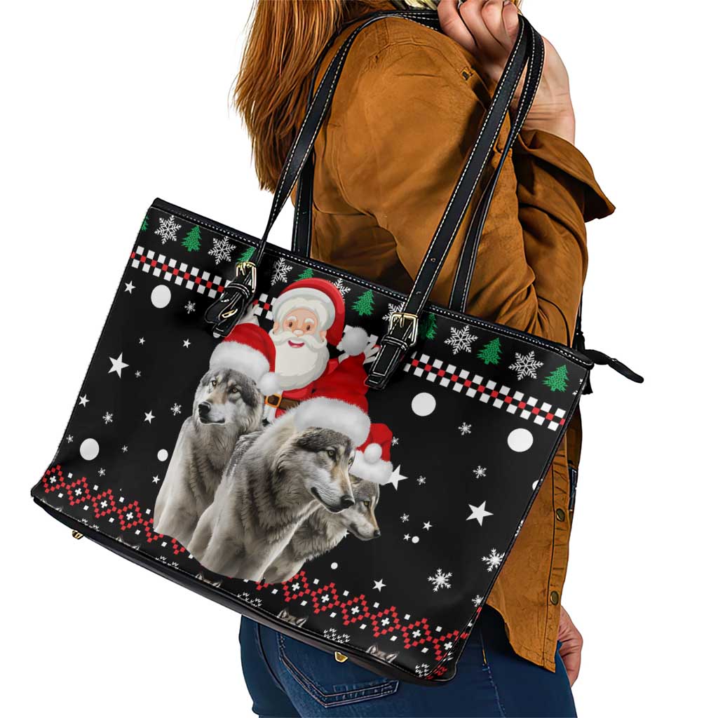Latvia Christmas Leather Tote Bag with Santa Claus and Wolves in Holiday Pattern Design - Wonder Print Shop
