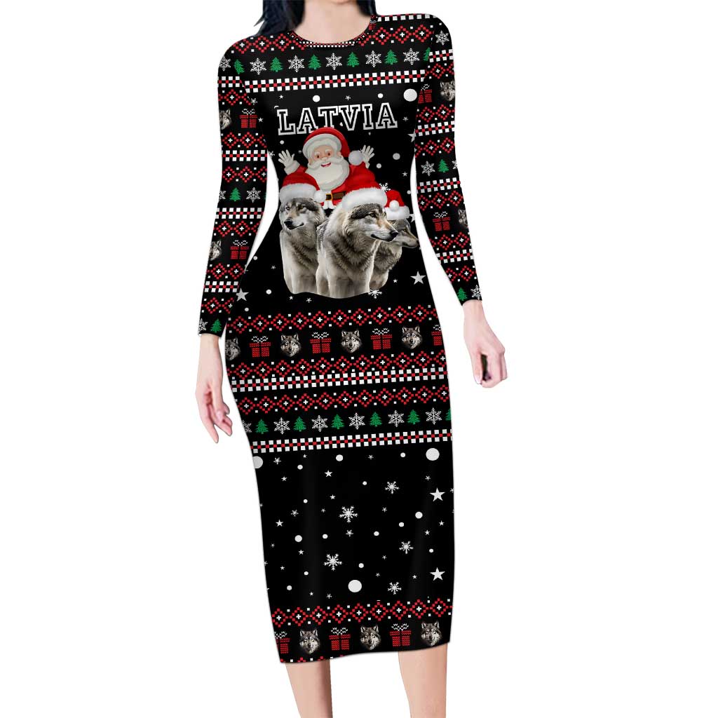 Latvia Christmas Long Sleeve Bodycon Dress with Santa Claus and Wolves in Holiday Pattern Design - Wonder Print Shop