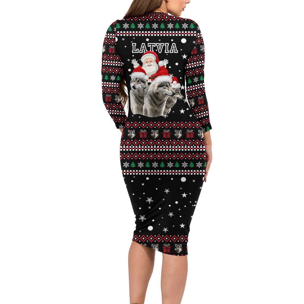 Latvia Christmas Long Sleeve Bodycon Dress with Santa Claus and Wolves in Holiday Pattern Design - Wonder Print Shop